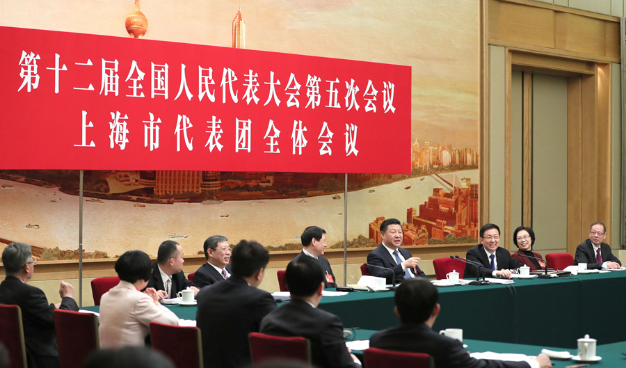 　　3月5日，中共中央总书记、国家主席、中央军委主席习近平参加十二届全国人大五次会议上海代表团的审议。